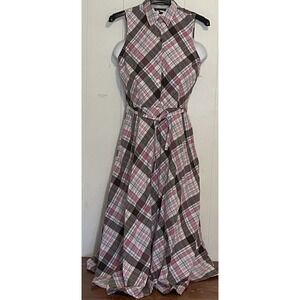 Pink Brown Plaid Maxi‎ Dress Western Country Prairie Cotton Sleeveless Tie Waist